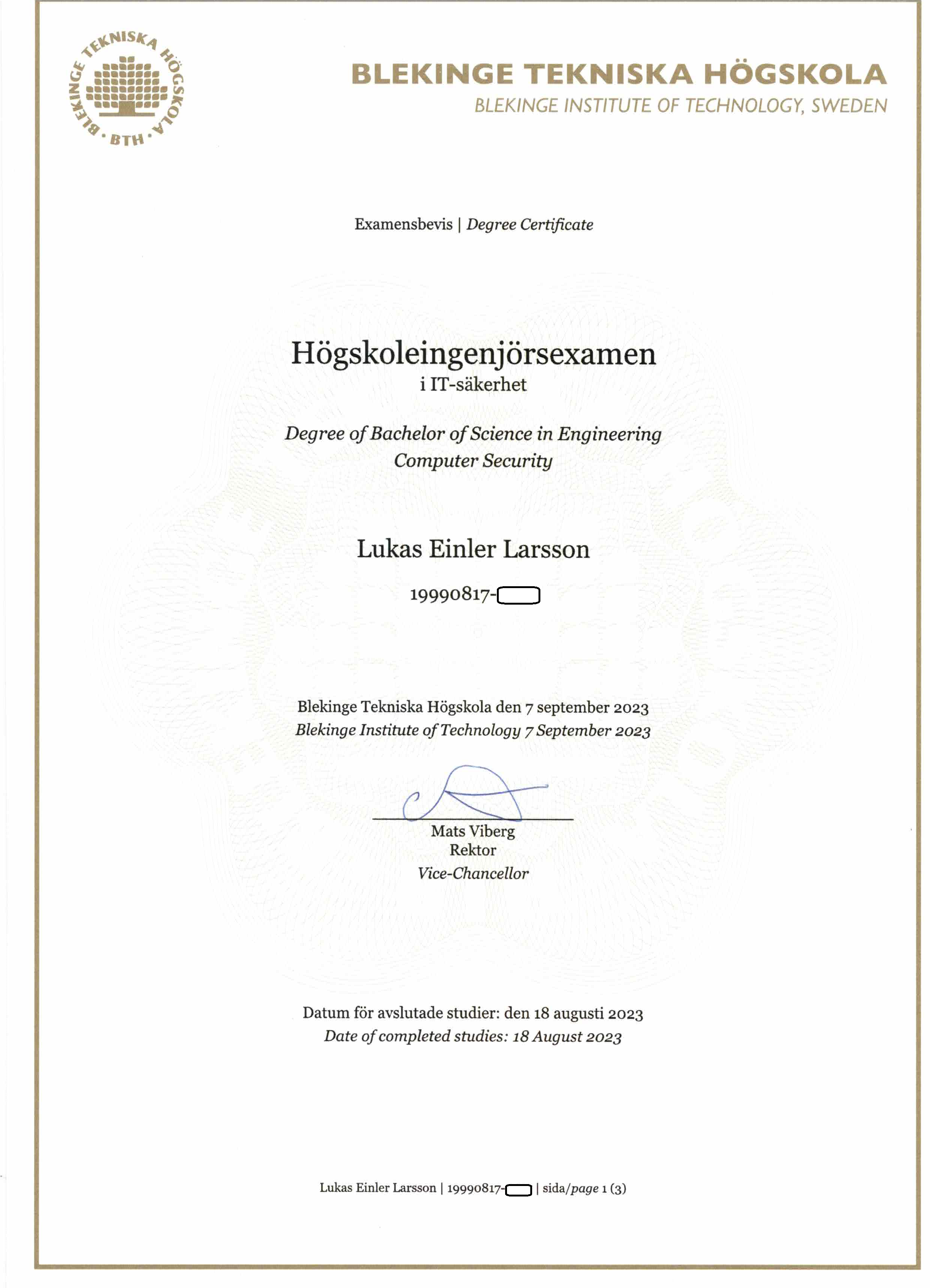 Examensbevis från Blekinge Tekniska Högskola